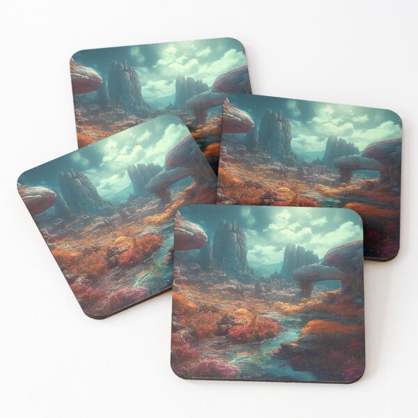 Item preview, Dreamy Alien Landscape Resembling Goblin Valley, Utah - Digital Art Featuring Rocky Outcrops, Vibrant Vegetation, and a Tranquil Stream designed and sold by stateofhuman.