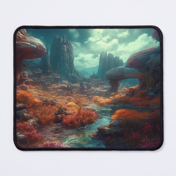 Item preview, Dreamy Alien Landscape Resembling Goblin Valley, Utah - Digital Art Featuring Rocky Outcrops, Vibrant Vegetation, and a Tranquil Stream designed and sold by stateofhuman.