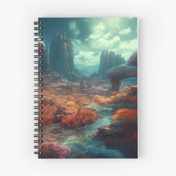 Item preview, Dreamy Alien Landscape Resembling Goblin Valley, Utah - Digital Art Featuring Rocky Outcrops, Vibrant Vegetation, and a Tranquil Stream designed and sold by stateofhuman.