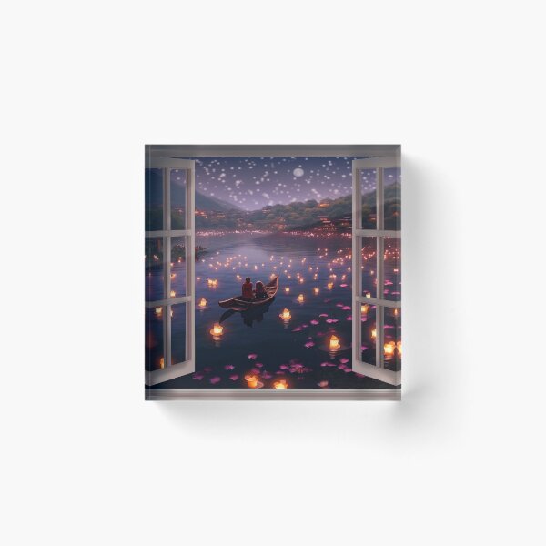 Item preview, Window view of lake with lanterns designed and sold by zand-n-zive.
