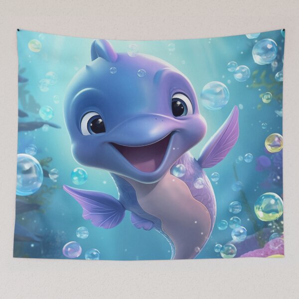 Item preview, animated happy baby dolphin in the depths of the ocean designed and sold by DigitalPixelize.