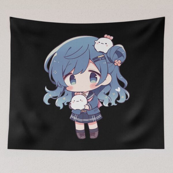 Item preview, Blue Haired Anime Chibi w/ Plushies designed and sold by ScarletClover.