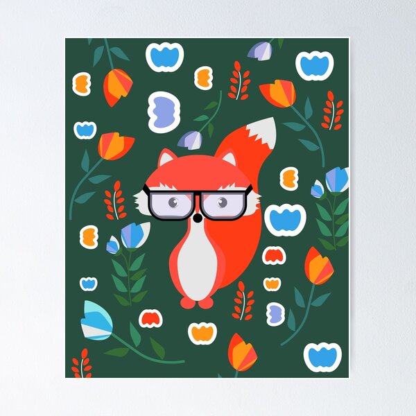 Cute fox with glasses and flowers Poster