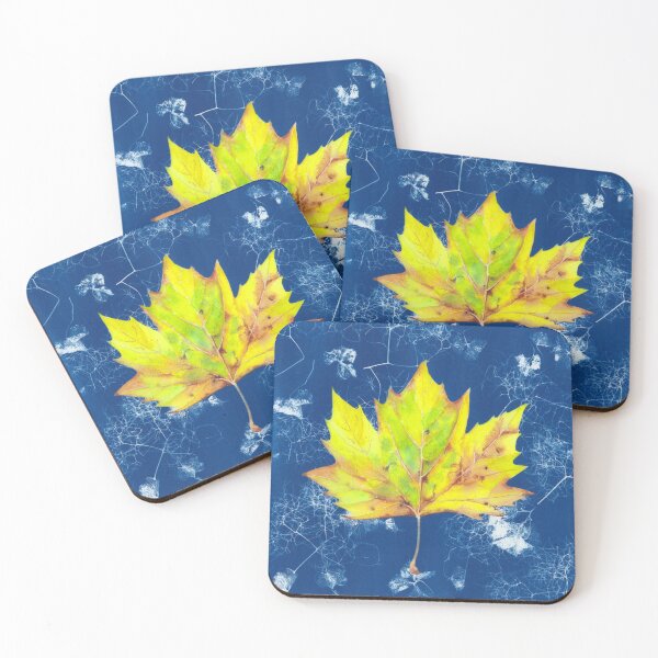 Item preview, Yellow watercolour autumn leaf on a blue cyanotype background designed and sold by Zoya Makarova.