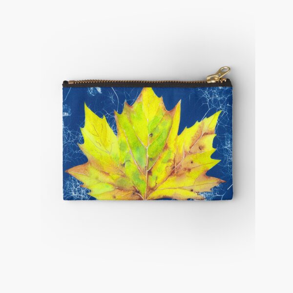 Item preview, Yellow watercolour autumn leaf on a blue cyanotype background designed and sold by Zoya Makarova.