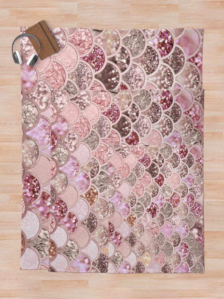 Alternate view of Rosegold Pink Sparkle Faux Glitter Mermaid Scales Throw Blanket