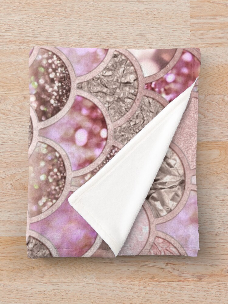 Alternate view of Rosegold Pink Sparkle Faux Glitter Mermaid Scales Throw Blanket