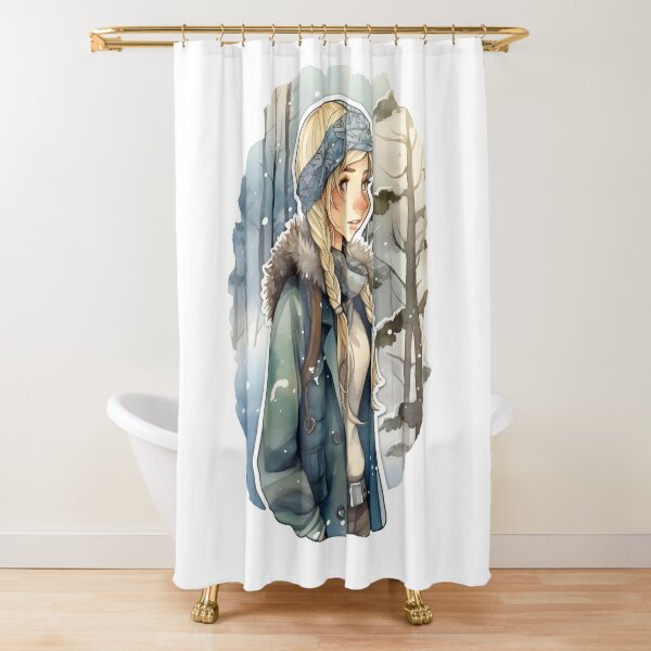 Blonde girl hiking in the winter woods with headband Shower Curtain