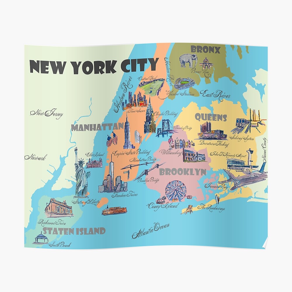 "New York City NY Highlights Map" Poster By Artshop77 | Redbubble