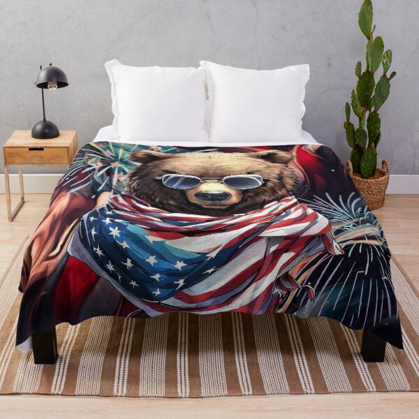Item preview, Happy 4th of july american flag grizzly bear in sunglasses and scarf designed and sold by TomFrontierArt.