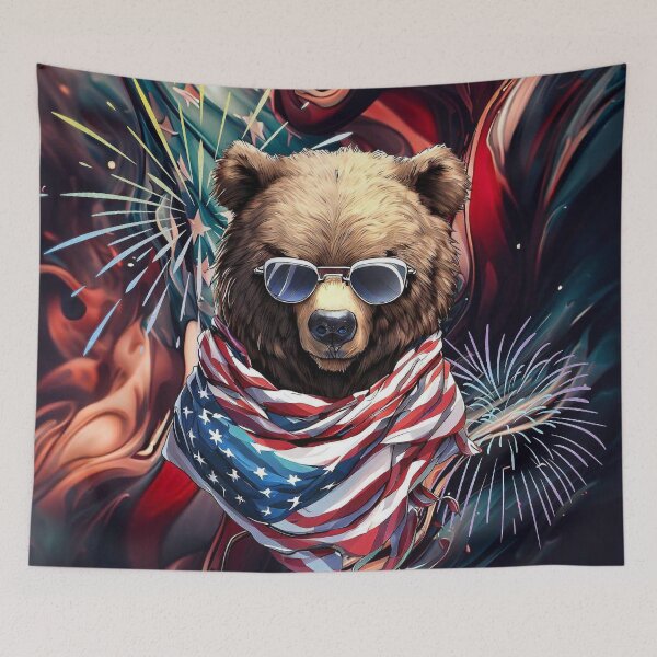 Item preview, Happy 4th of july american flag grizzly bear in sunglasses and scarf designed and sold by TomFrontierArt.
