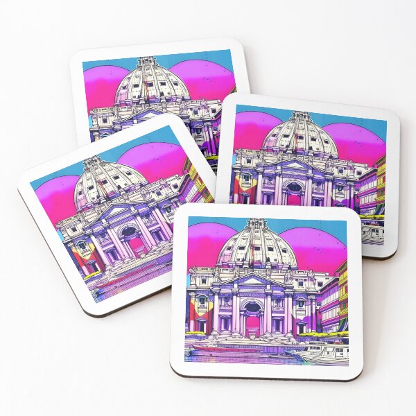 Aperçu de l'œuvre rome, vatican, building, architecture, dome, drawing, retro, retro futuristic, futuristic, future, purple, drawing of rome in a retro futuristic way créée et vendue par JAG2B.