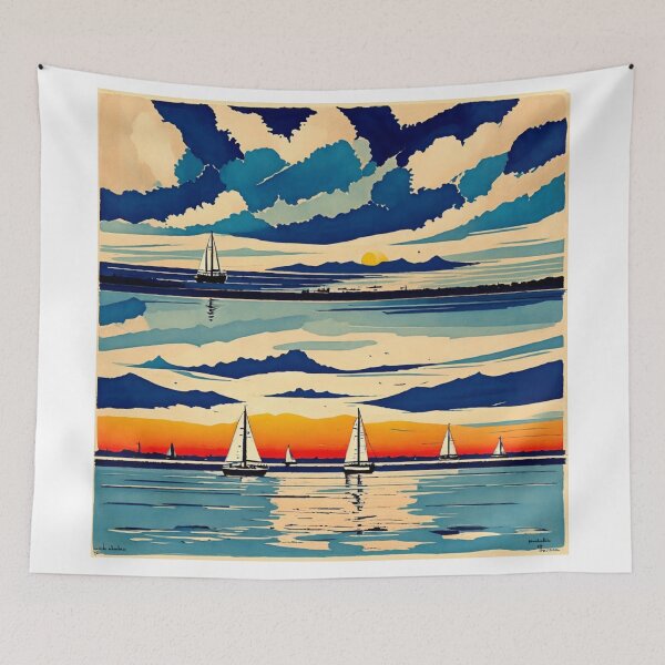 Item preview, Serenity at Sunset: A Bernard Buffet-Inspired Sailboat Harbour designed and sold by RedArtG09.