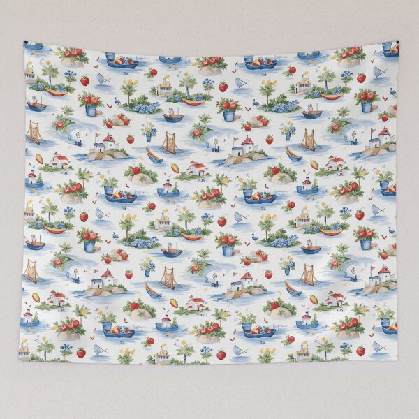 Item preview, Aquarelle strawberries and flowers festivities with whimsical boats and houses designed and sold by OrganicDSGN.