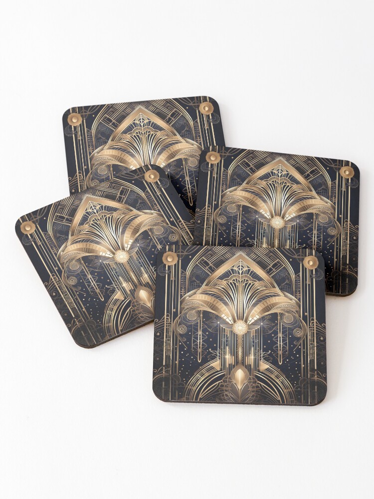 Aperçu 1 sur 5. Dessous de verre (lot de 4) avec l'œuvre Design Art Déco : La Ville Dorée créée et vendue par peggieprints.
