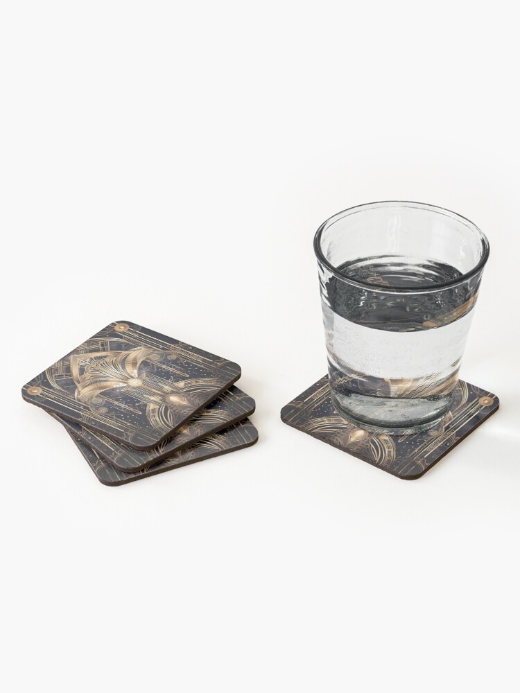 Aperçu 2 sur 5. Dessous de verre (lot de 4) avec l'œuvre Design Art Déco : La Ville Dorée créée et vendue par peggieprints.