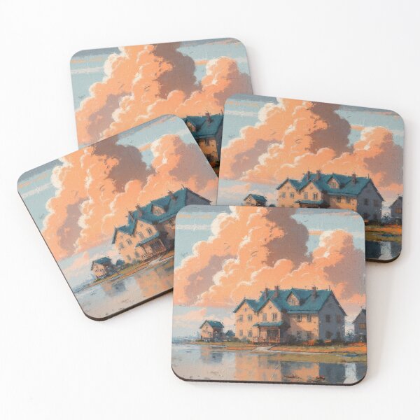 Item preview, Animated image of a home by the water, cloudy sky, a few clouds, a red lamp and some purple houses designed and sold by Nava Sophia.