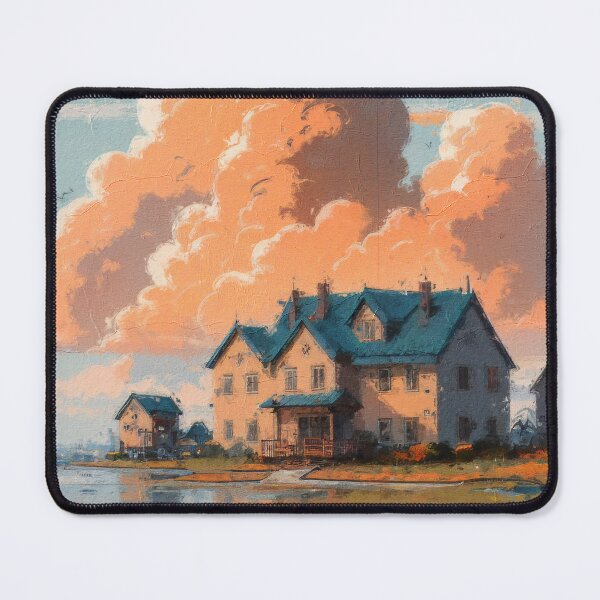 Item preview, Animated image of a home by the water, cloudy sky, a few clouds, a red lamp and some purple houses designed and sold by Nava Sophia.