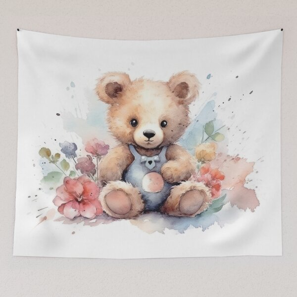 Item preview, Watercolor teddy bear with flowers designed and sold by rainseedart.