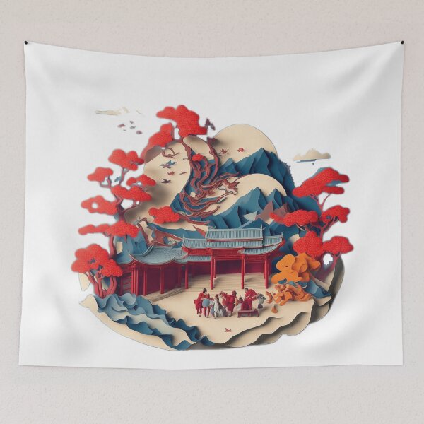 Item preview, Chinese-inspired Isometric Paper: Vibrant Colours, Circular Layout, and Traditional House designed and sold by RedArtG09.