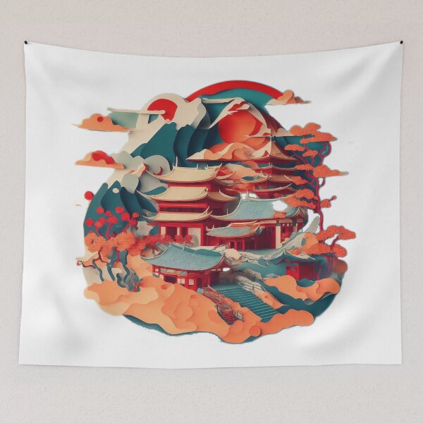 Item preview, Captivating Isometric Chinese Paper: Colourful Circle, Traditional House, and Moonlit Sky designed and sold by RedArtG09.