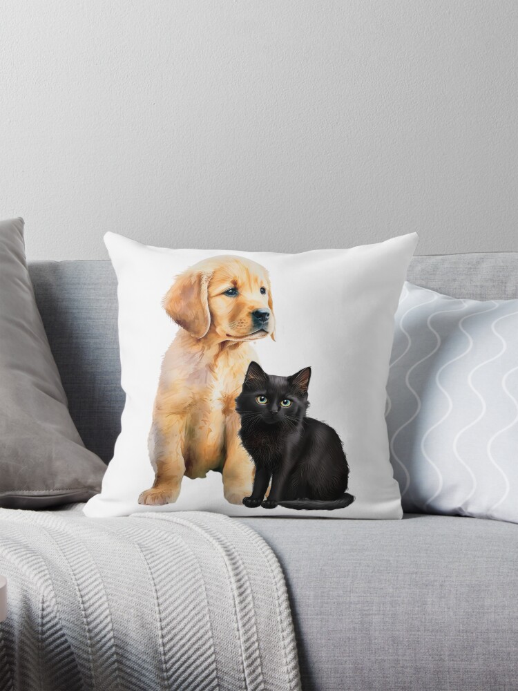 Black Cat Golden Retriever T Shirt Puppy and Kitten Tee Pillow for Sale by CloverAnnie Redbubble