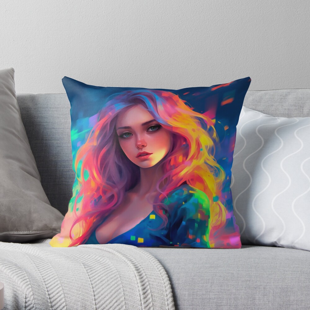 Hip Teen Girl Model Pink Hair Grin UHD Throw Pillow by Art Twister