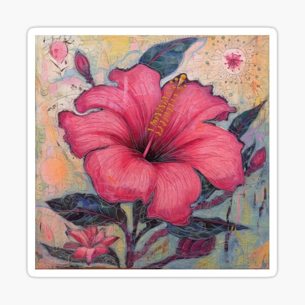 Pink Hibiscus Flower in art brut style Sticker