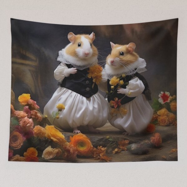 Item preview, Two hamsters in a beautiful dress on a dark background with flowers designed and sold by aiphotosart.