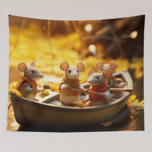 Item preview, Cute little mice in a wooden boat on the background of autumn leaves designed and sold by aiphotosart.