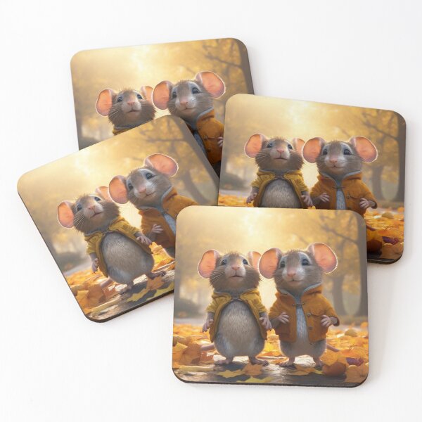 Item preview, Two cute little mice in yellow raincoat walking in autumn park. designed and sold by aiphotosart.