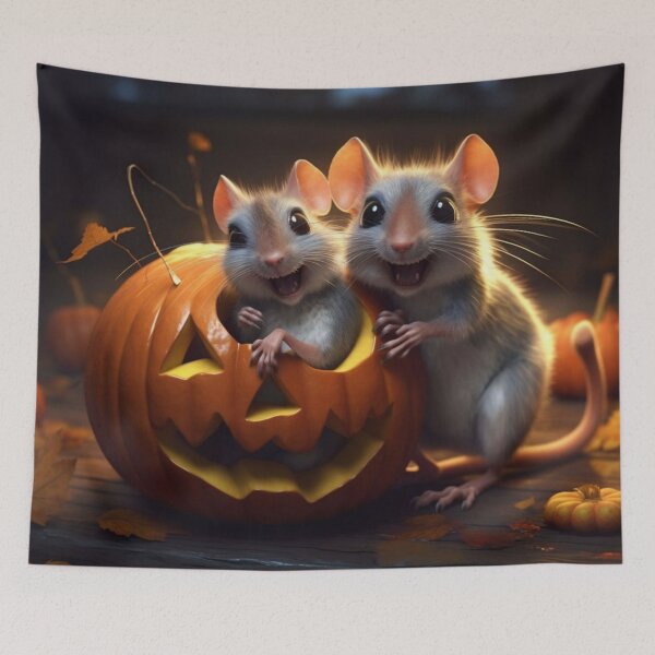 Item preview, Two cute little rats in halloween pumpkins on dark background designed and sold by aiphotosart.