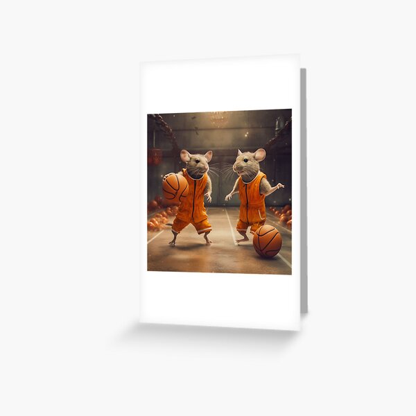 Vista previa del artículo con la obra «Dos ratas con trajes naranjas jugando baloncesto en una cancha de baloncesto.», diseñado y vendido por aiphotosart.