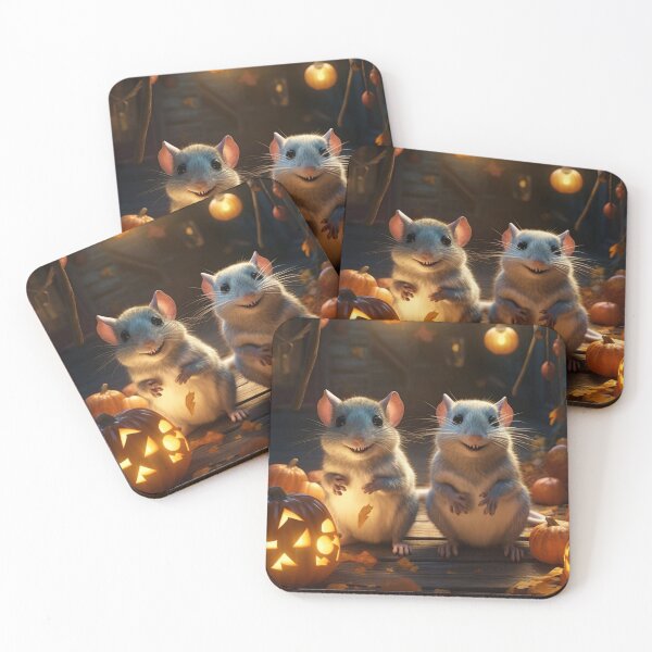 Item preview, Two cute little rats sit on a wooden background with pumpkins. designed and sold by aiphotosart.