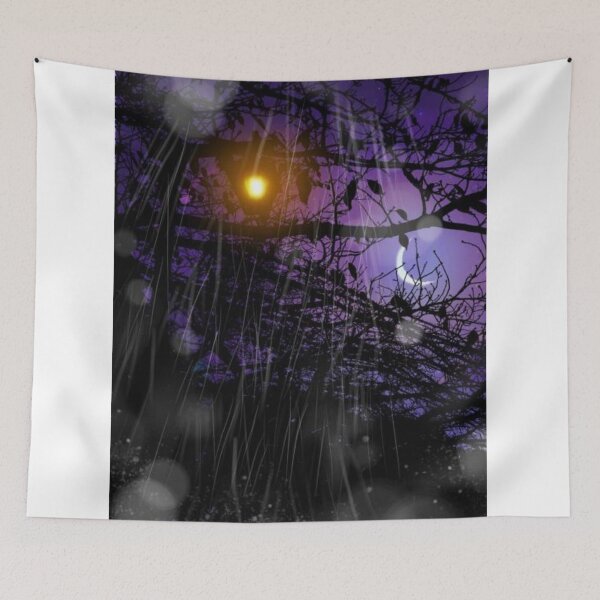 Item preview, Landscape illustration of silhouettes of streetlights and dead branches shining in the evening and silently falling rain designed and sold by MTShoppingLine.