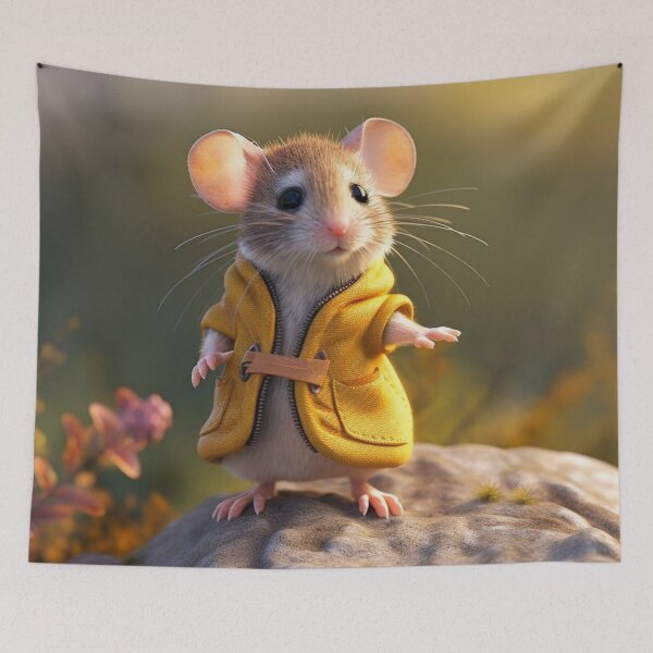 Item preview, Cute little mouse in a yellow raincoat on a rock designed and sold by aiphotosart.