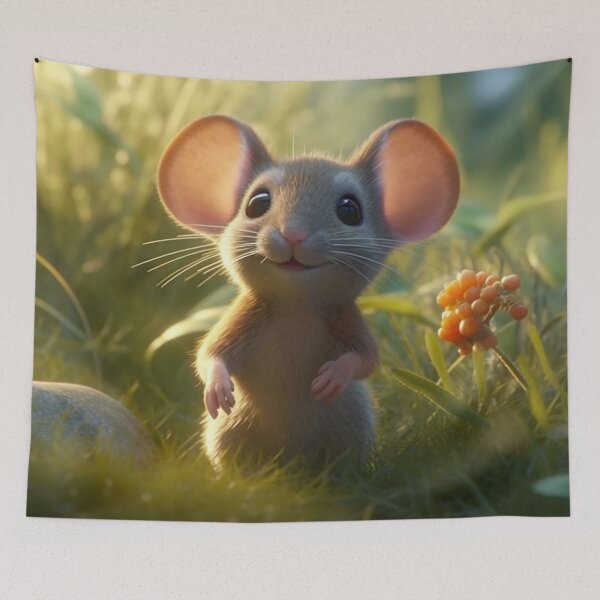 Item preview, Little mouse sitting on grass with rowan berry in the background designed and sold by aiphotosart.