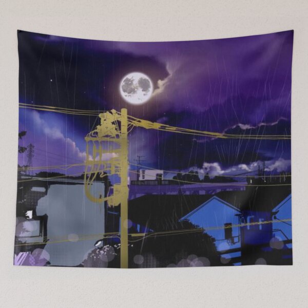 Item preview, Clip art of Japanese residential area and rain falling hard in the evening sky Landscape Illustration designed and sold by MTShoppingLine.