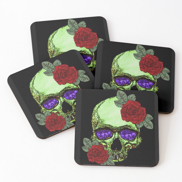 Item preview, Yellow green skull with red roses & violet diamond eyes. designed and sold by Francis Anderson.