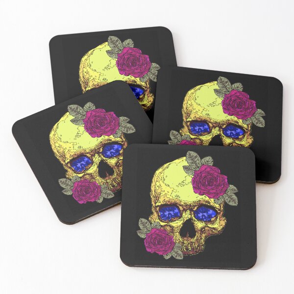 Item preview, Yellow skull with red violet roses and blue violet eyes. designed and sold by Francis Anderson.