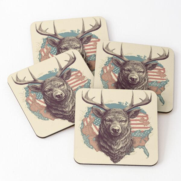 Item preview, Stars and Stags: Vintage American Flag Deer Head on US Map - Realistic Landscapes with Soft, Tonal Colors designed and sold by Bee Happy Creative™.