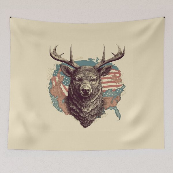 Item preview, Stars and Stags: Vintage American Flag Deer Head on US Map - Realistic Landscapes with Soft, Tonal Colors designed and sold by Bee Happy Creative™.