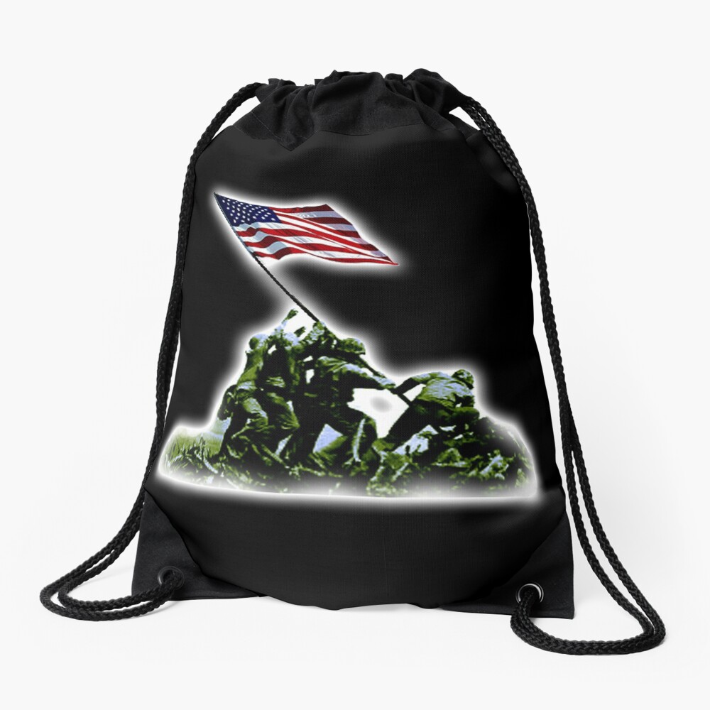 American Flag. America, USA. Raising the Colours on Iwo Jima WW2. On BLACK. Drawstring Bag