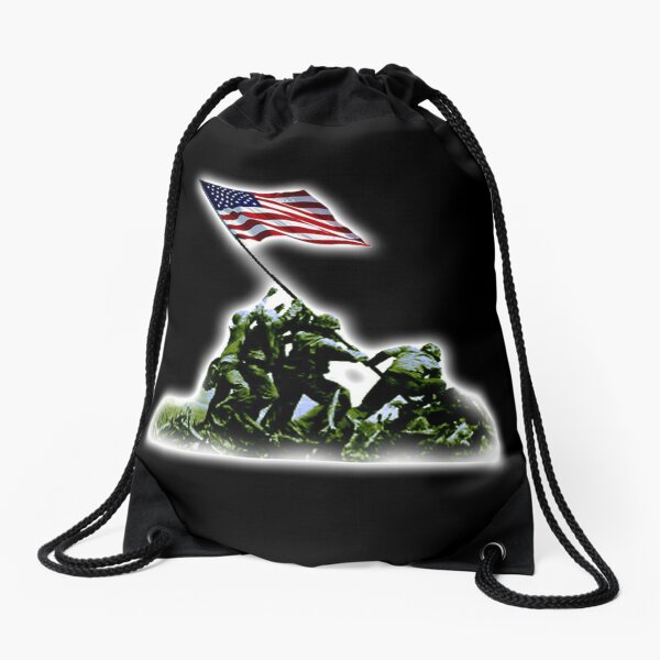 American Flag. America, USA. Raising the Colours on Iwo Jima WW2. On BLACK. Drawstring Bag