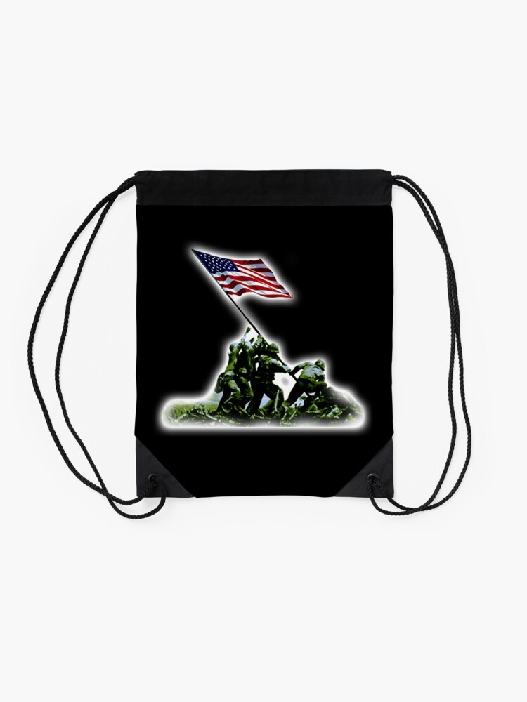 Alternate view of American Flag. America, USA. Raising the Colours on Iwo Jima WW2. On BLACK. Drawstring Bag