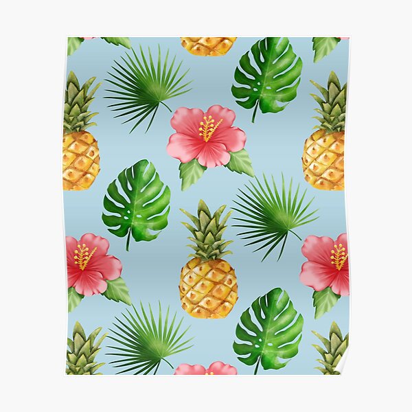 Tropical Exotic Summer Pattern Pineapple Hibiscus Flower Palm Leaves Cute Colorful Poster