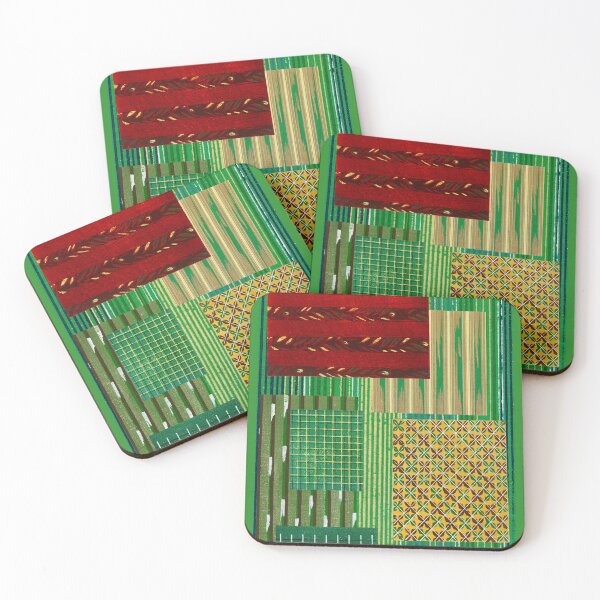 Item preview, JAPANESE TEXTILE COLLAGE SERIES  - Variation No.15 STRIPES and RECTANGLES -LIME, OLIVE, RED, GOLD designed and sold by MirabiliaMagpie.