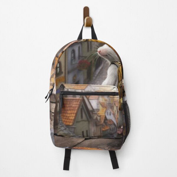 Artikelvorschau, White mouse with a backpack walks in the old town. The concept of travel. entworfen und verkauft von aiphotosart.