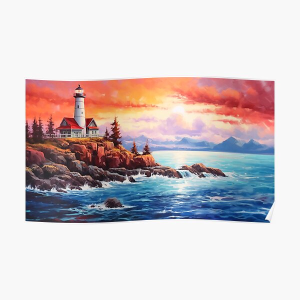 Pacific Northwest Lighthouse at Sunset Poster