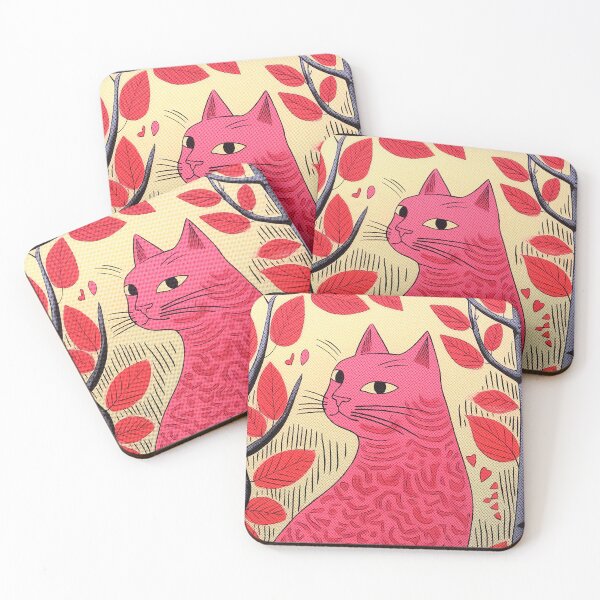 Item preview, Pink Cat, Leaves and Hearts - Vintage Style designed and sold by madtoyman.